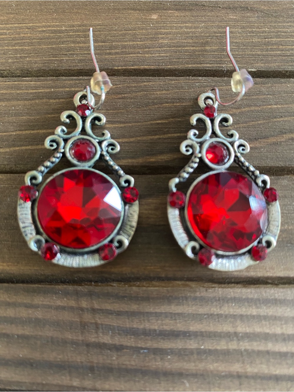 Vintage Gothic Red Rhinestone Chandelier Silver Tone Dangle Earrings